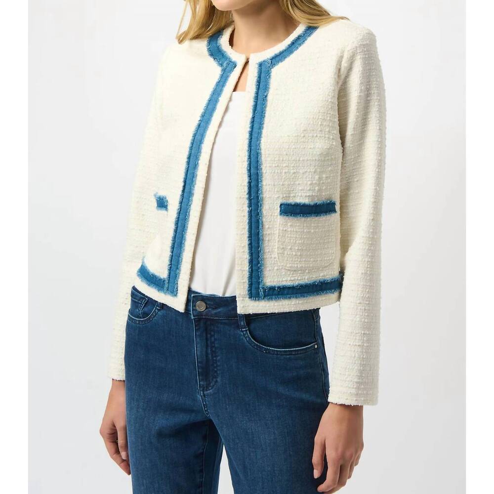 NEW JOSEPH RIBKOFF denim trim textured bouclé jacket in off-white